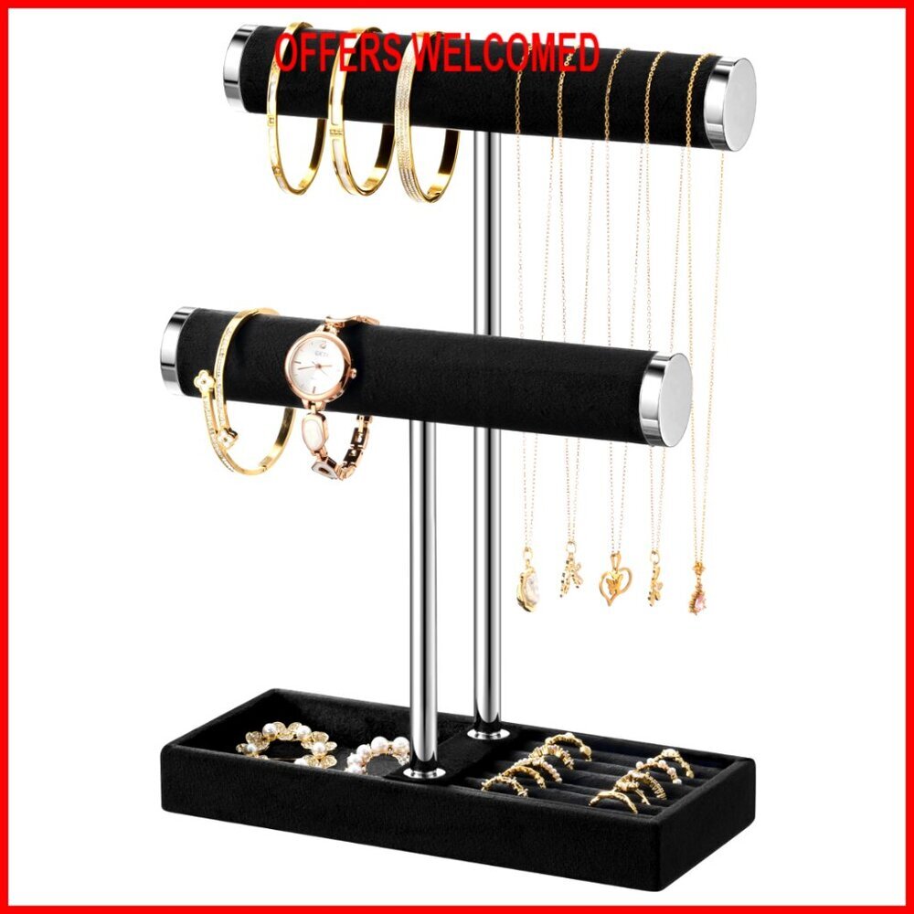 2 Tier Bracelet Holder Display Detachable T Bar Black Velvet Silver Metal